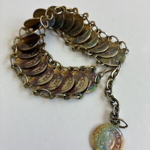 VTG QUEEN ELIZABETH THE SECOND New Penny Layered Coin Bracelet, Large, Patina